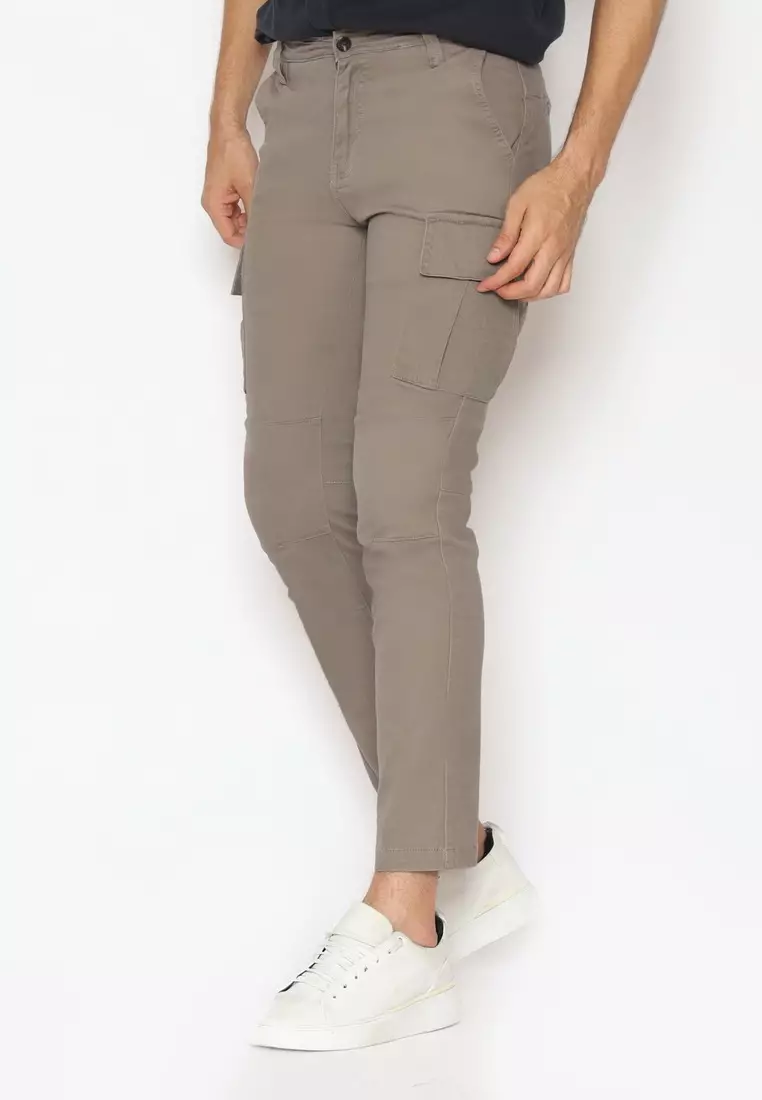 POLICE Celana Cargo Panjang Light Brown Slim Fit Cotton Premium Pria