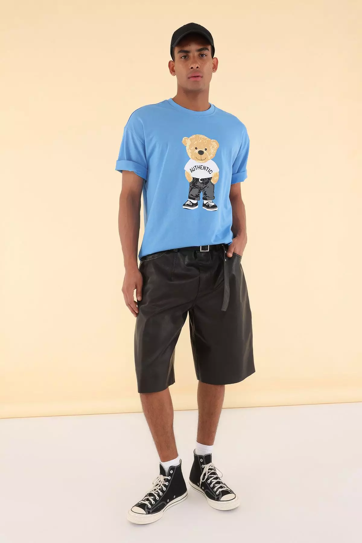 Blue Unisex Oversize/Wide Cut Teddy Bear Printed 100% Cotton T-Shirt TMNSS25TS00158