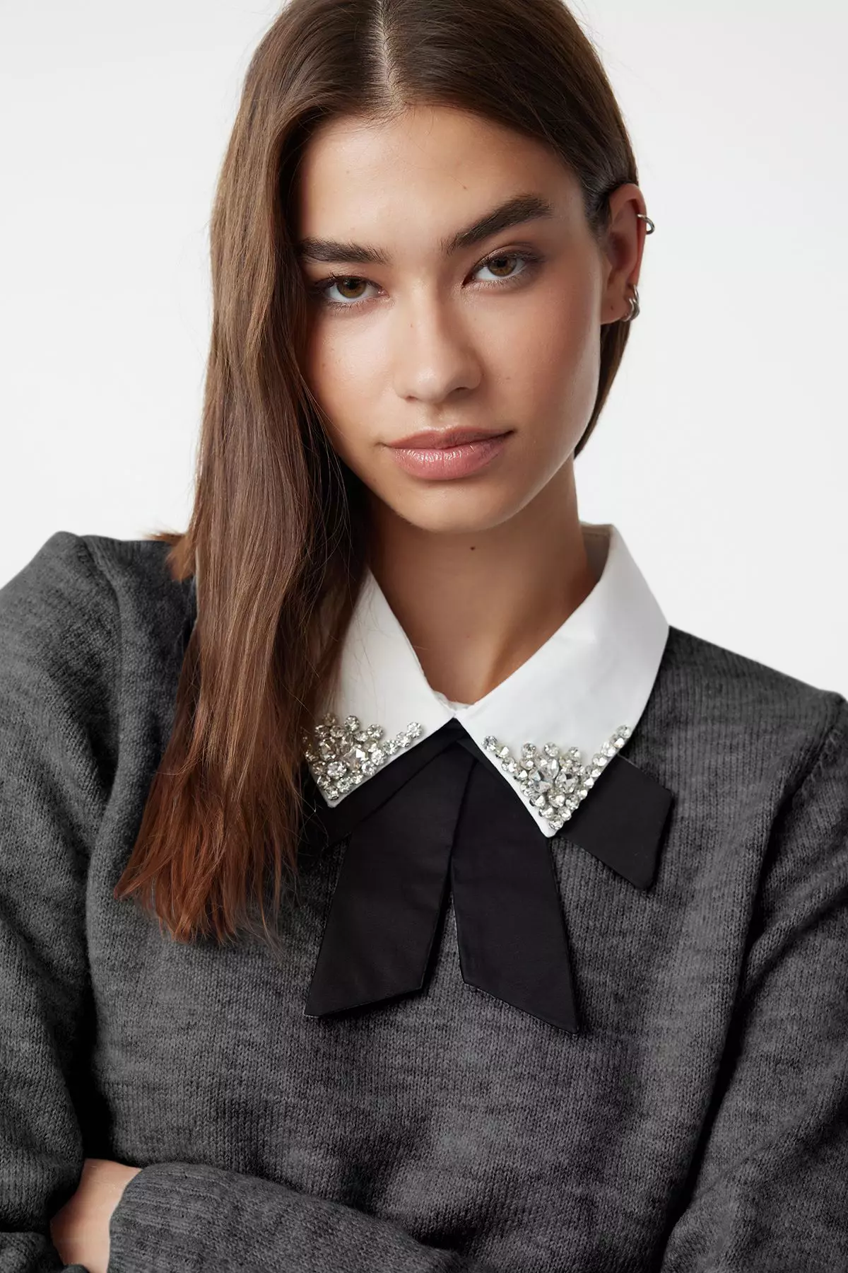 Anthracite Soft Textured Shirt Garnish Ribbon/Bow Detail Stone Knitwear Sweater