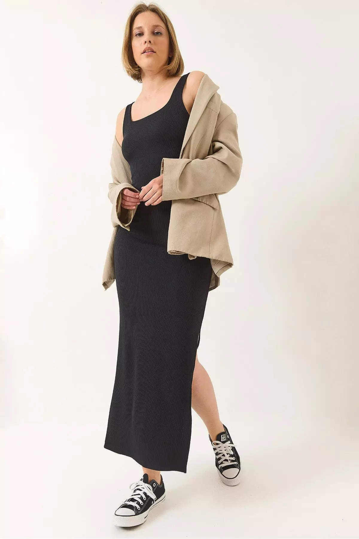 Women's Strappy Square Neck Slit Detailed Ottoman Midi Dress 295 60283176