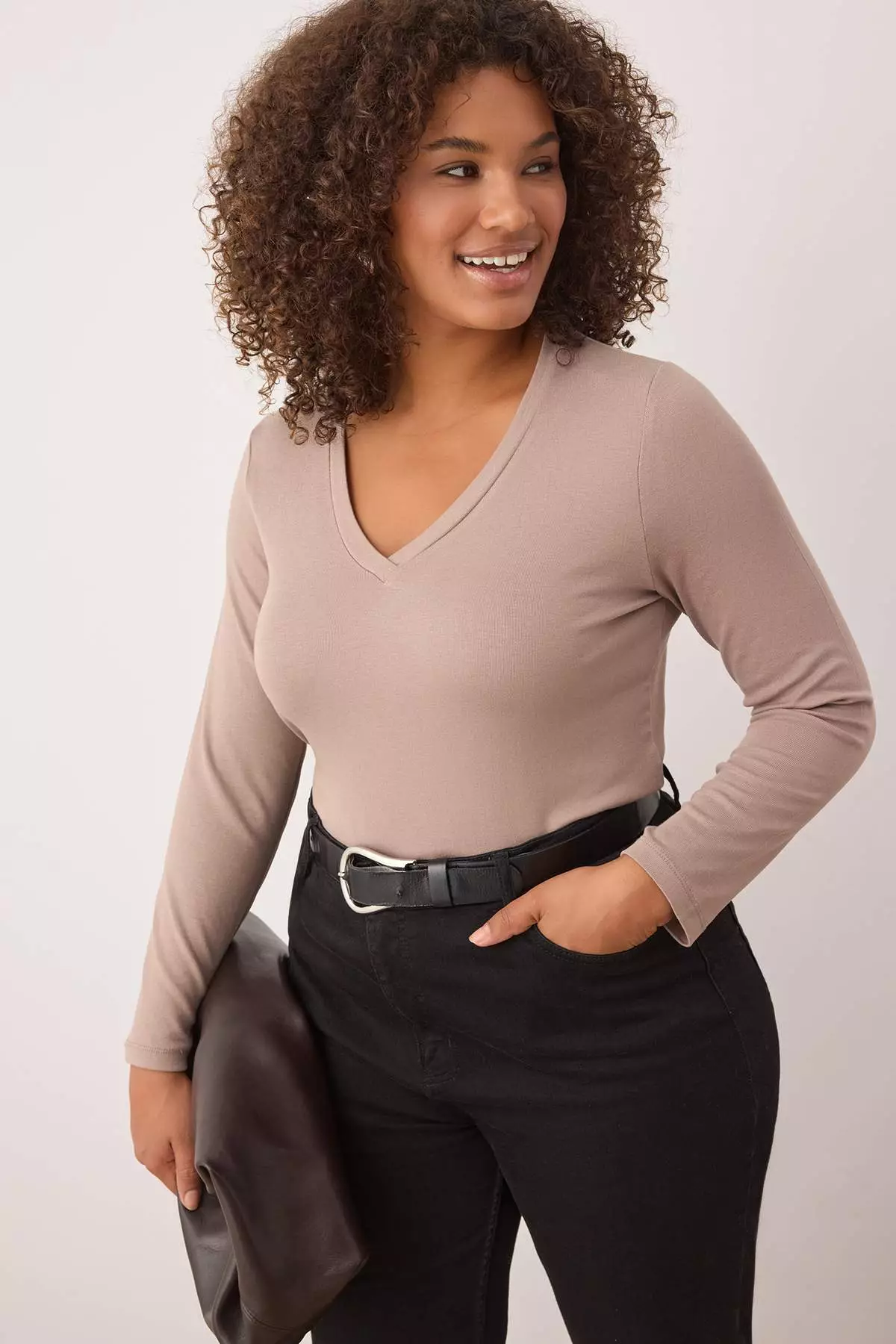 Mink Premium Soft Fabric V-Neck Fitted/Fits Body Flexible Knit Plus Size Blouse