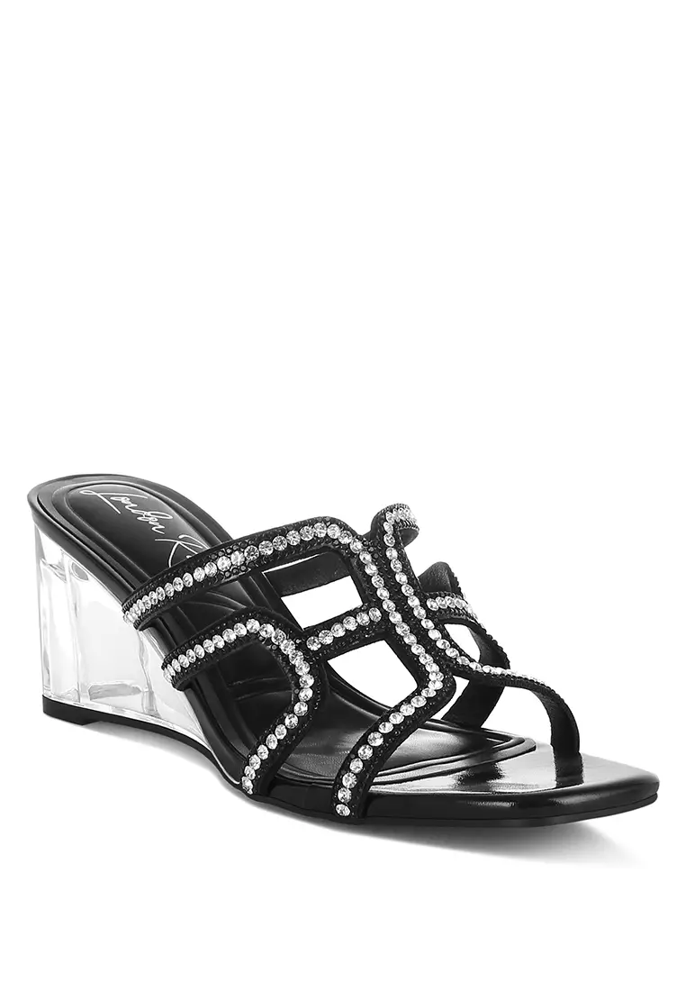 Metallic Rhinestone Clear Wedge Sandals In Black
