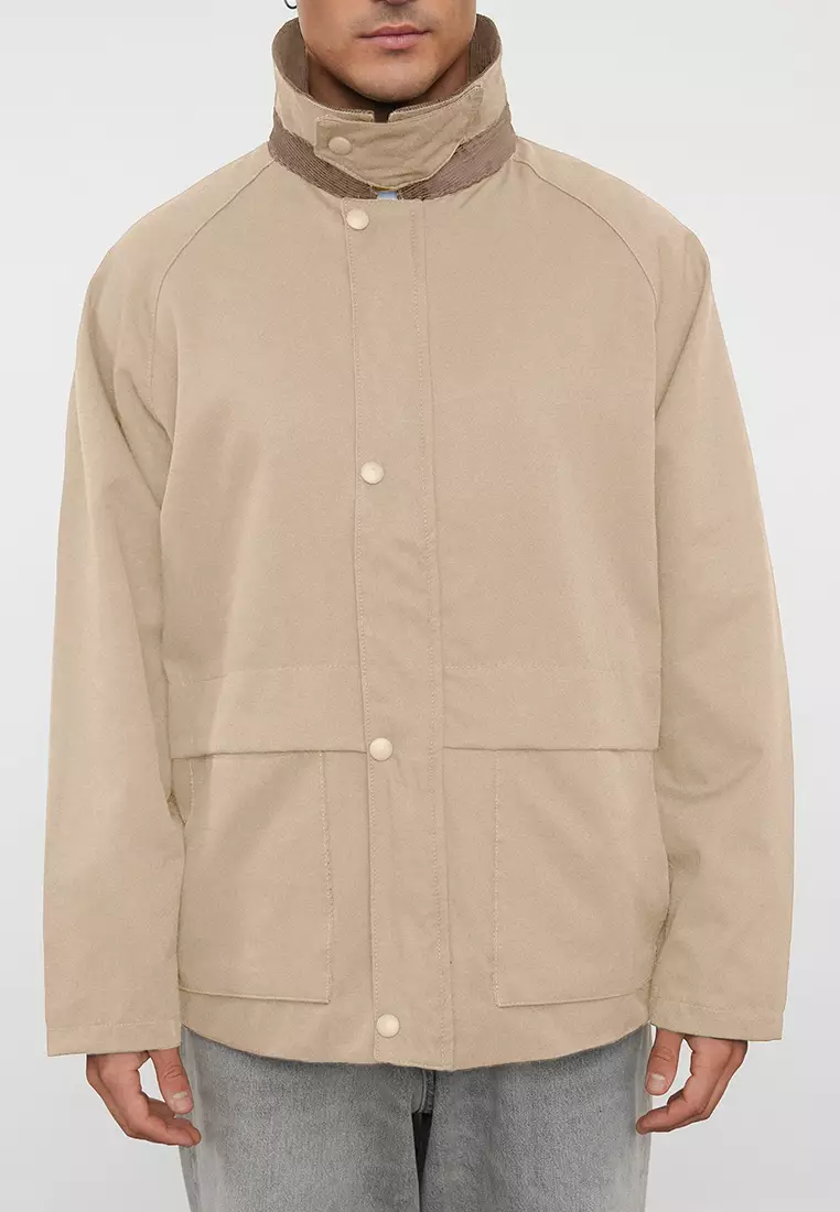 Stone Regular Fit Velvet Collar Detailed Unisex Seasonal Coat TMNAW25MO00017