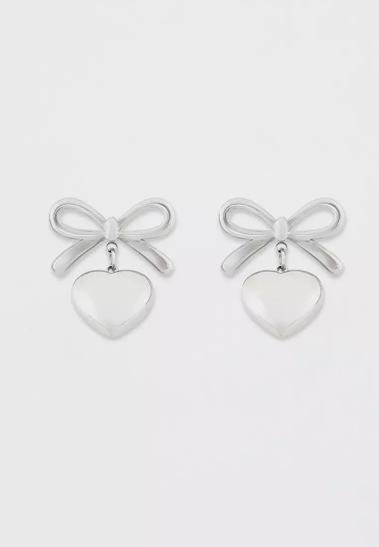 Bow Stud and Heart Pendant Earrings - Silver