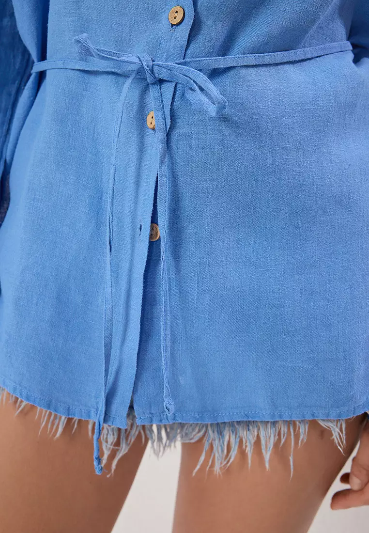 Blue Weaving 100% Linen Tied Beach Shirt TBESS25GO00015