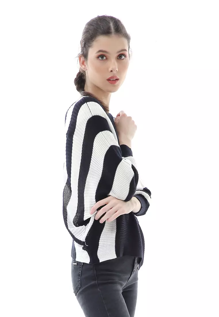 Viana Blouse Rajut Atasan Wanita Motif Zebra Stripe Oversize Jumbo Premium Quality - Hitam