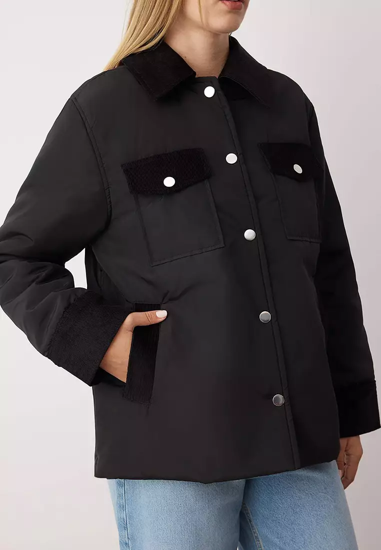Black Regular Fit Collar Velvet Detail Fiber Thin Jacket Coat