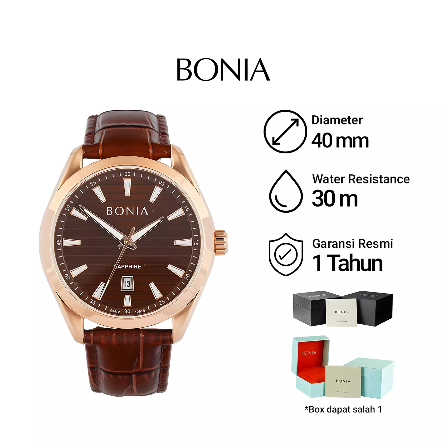 Bonia - Jam Tangan Analog Pria Sapphire Glass - Rose Gold Case - Brown Leather Strap - B10916-1542