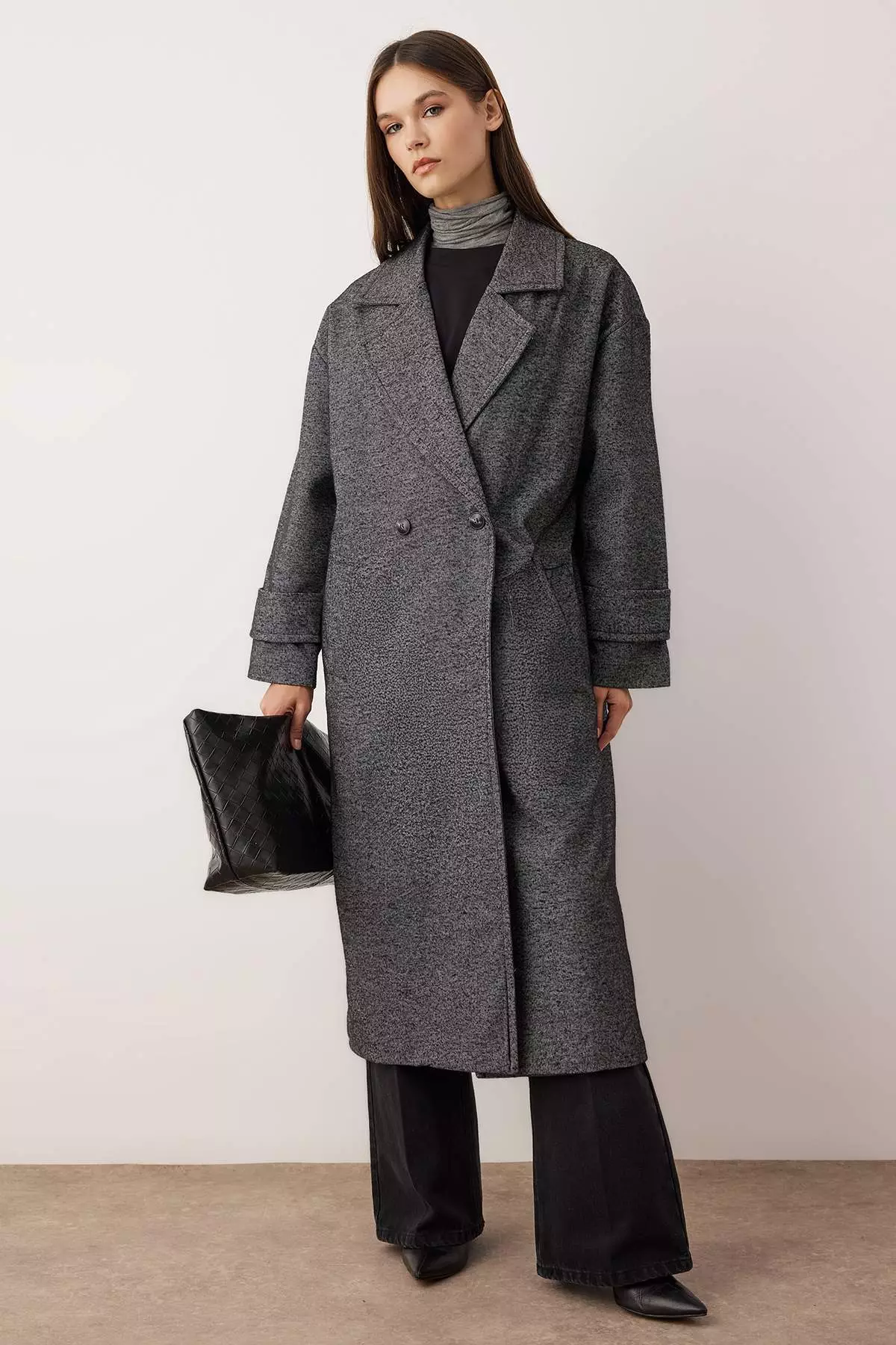 Dark Gray Double-Breasted Oversize Long Coat