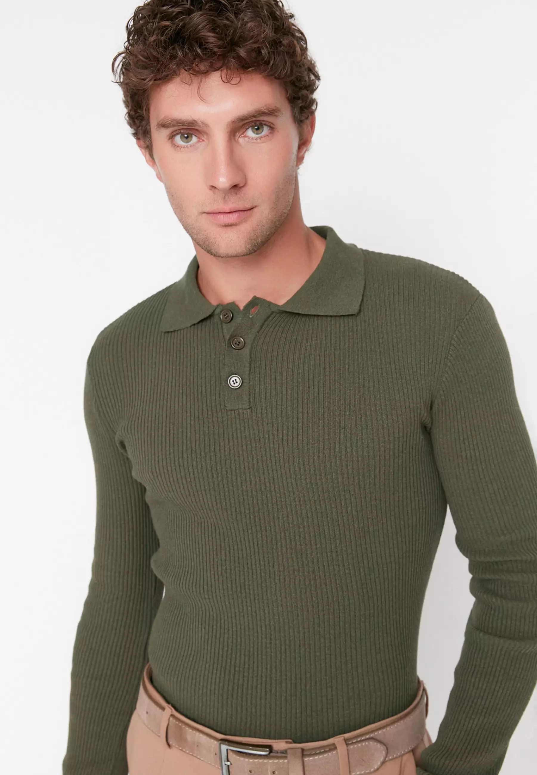 Slim Fit Buttoned Polo Neck Corduroy Knitted Sweater