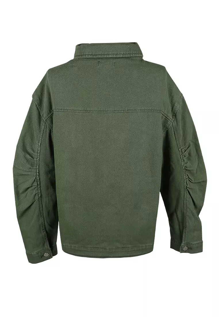 Jaket Utilitas Lengan Berkerut Warna Hijau Army Unisex