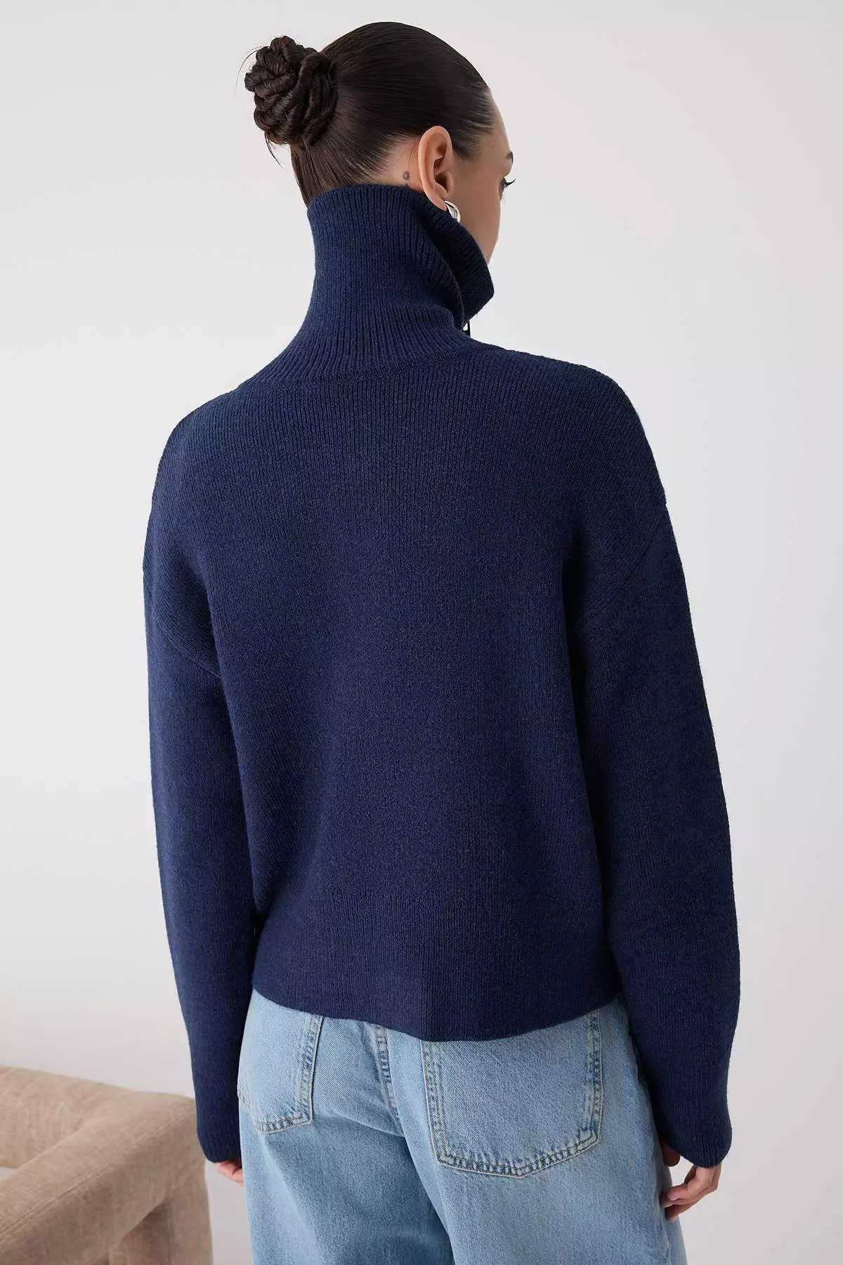 Navy Blue Turn Down Collar Soft Texture Wide Fit Zippered Knitwear Cardigan