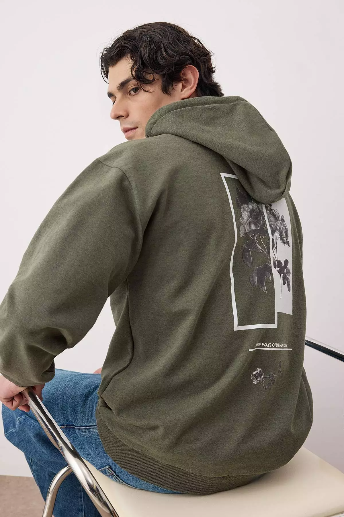 Khaki Oversize/Wide Cut Hooded Fleece/Warm Floral Printed Sweatshirt
