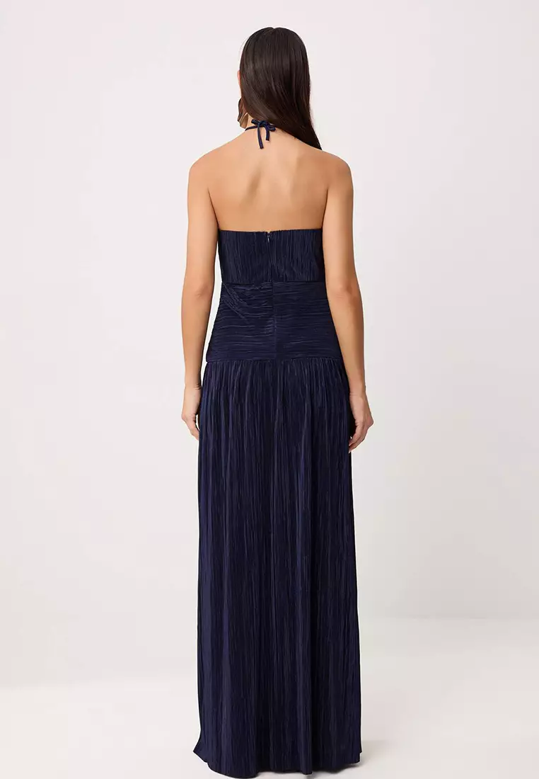 Navy Blue Pleated Maxi Evening Dress & Graduation Gown Tprss26Ae119