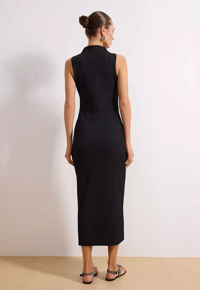 Black Textured Fabric Mock Neck Bodycon Stretchy Maxi Knitted Dress Twoss25El163