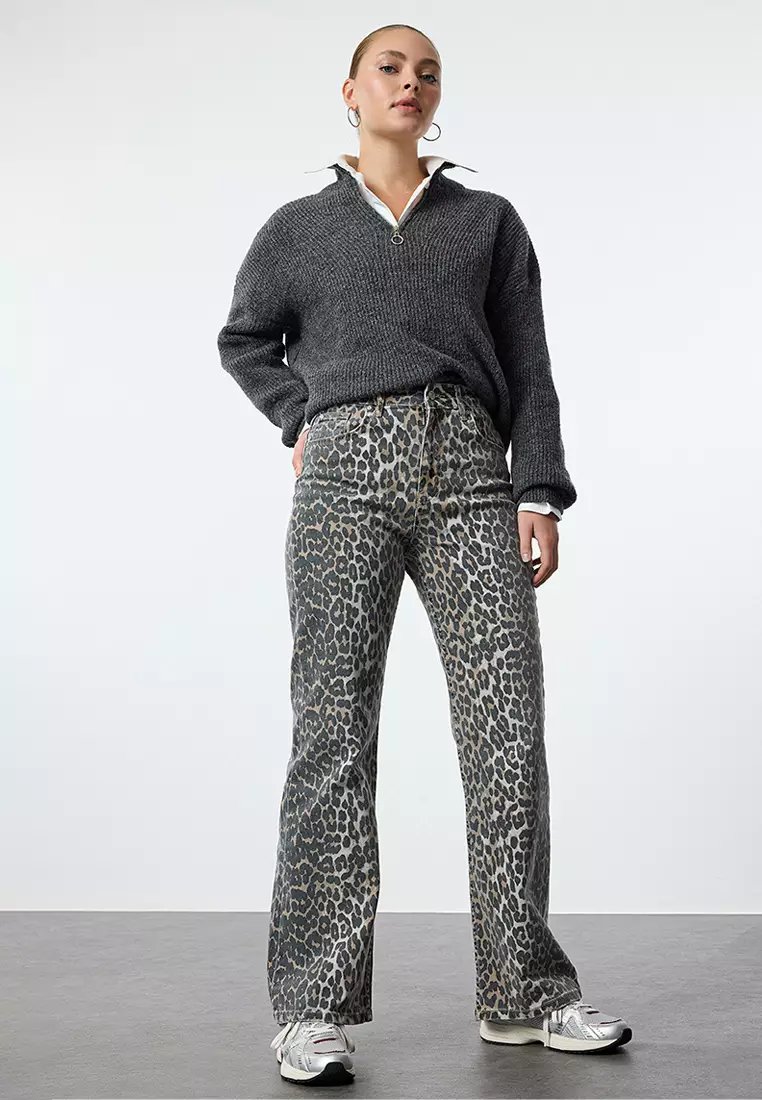 Leopard Printed Wide Legs Jeans