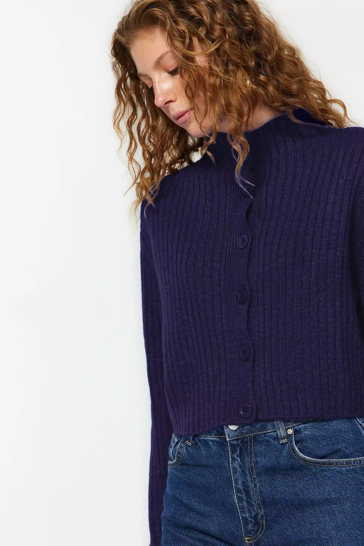 Navy Blue Crop Soft Textured Stand Collar Knitwear Cardigan