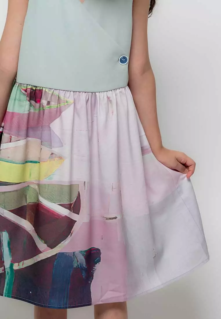 Natural Indigo Printed Girls Frilly Sea Scape Sleeveless Frock