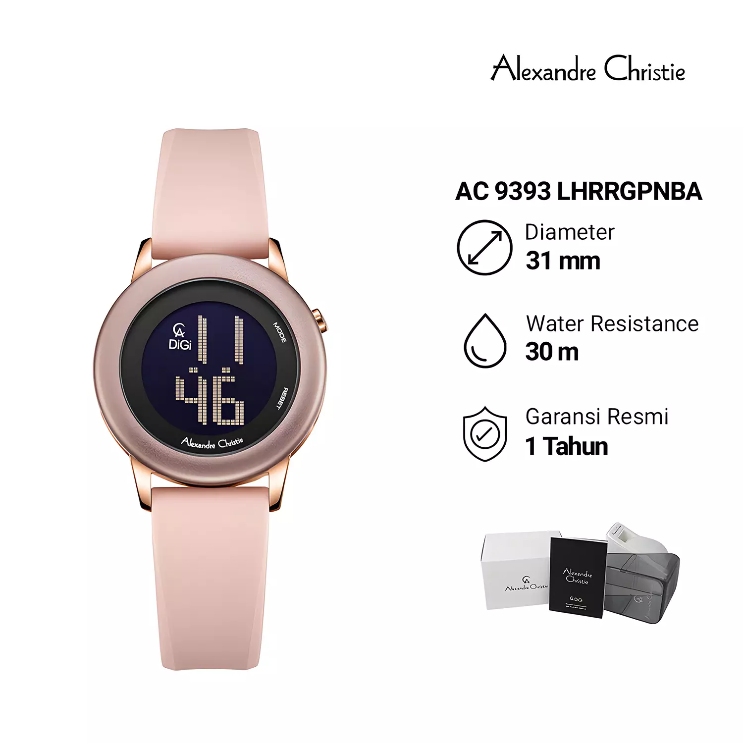 Alexandre Christie DiGi - Jam Tangan Digital Wanita - Rosegold Case - Pink Rubber Strap - 9393 LHRRGPNBA