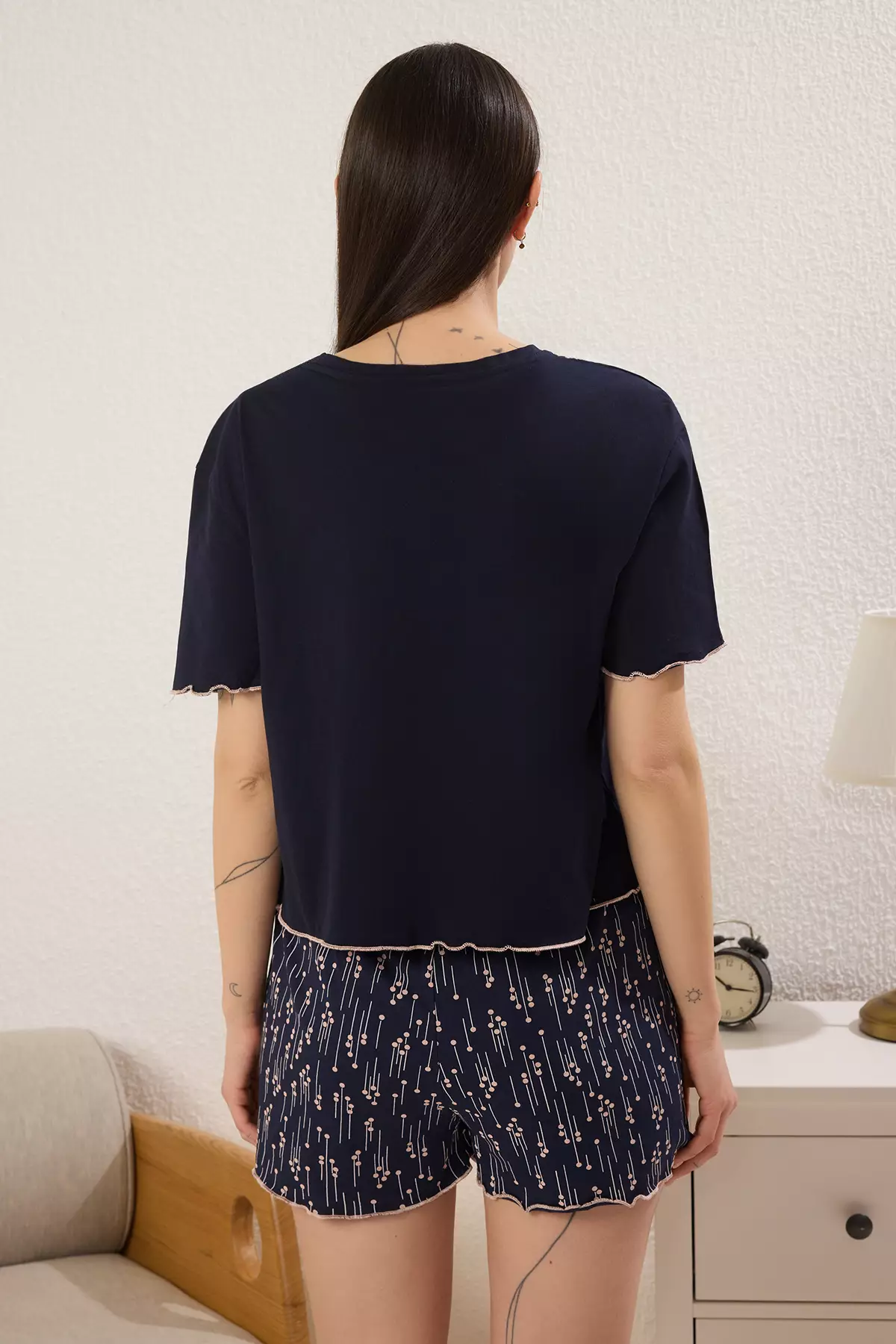 Navy Blue 100% Cotton Slogan and Polka Dot Baby Overlock Shorts Knitted Pajama Set THMSS25PT00392