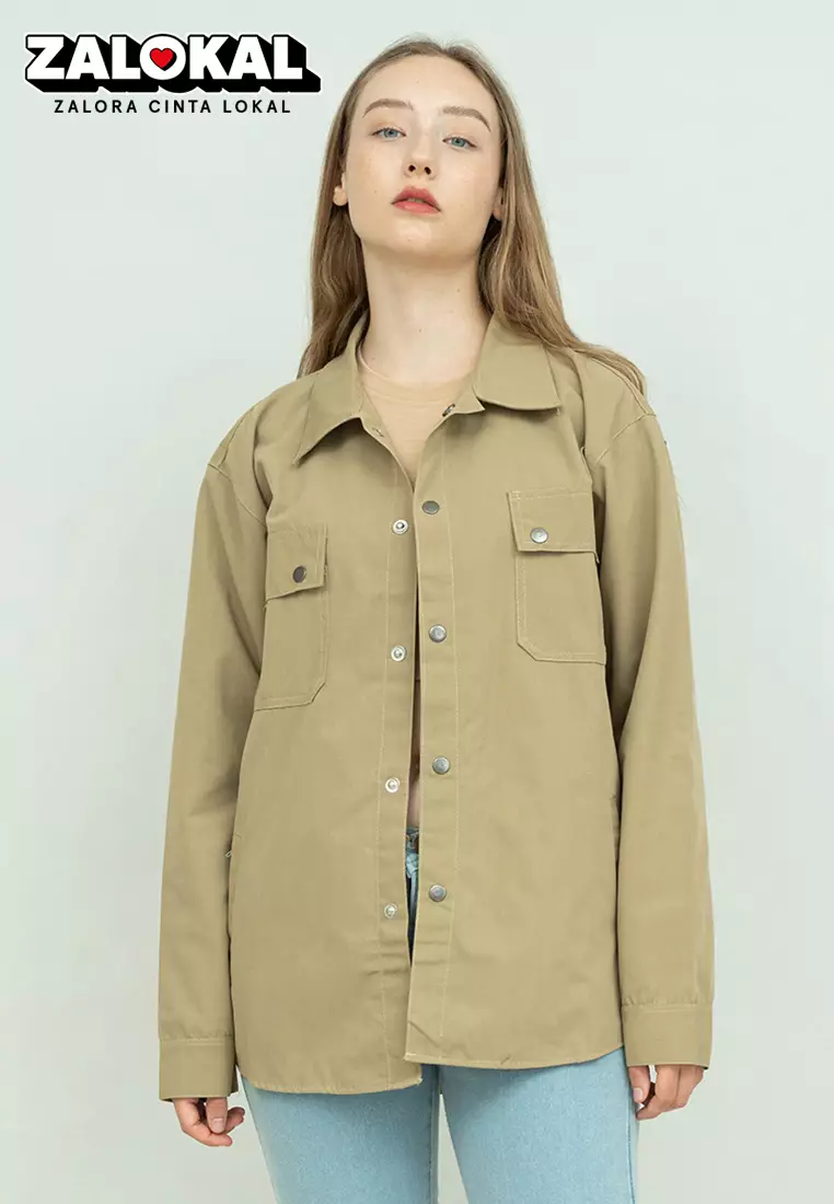 Jaket parka outer jaket wanita semi parka warna krem unisex