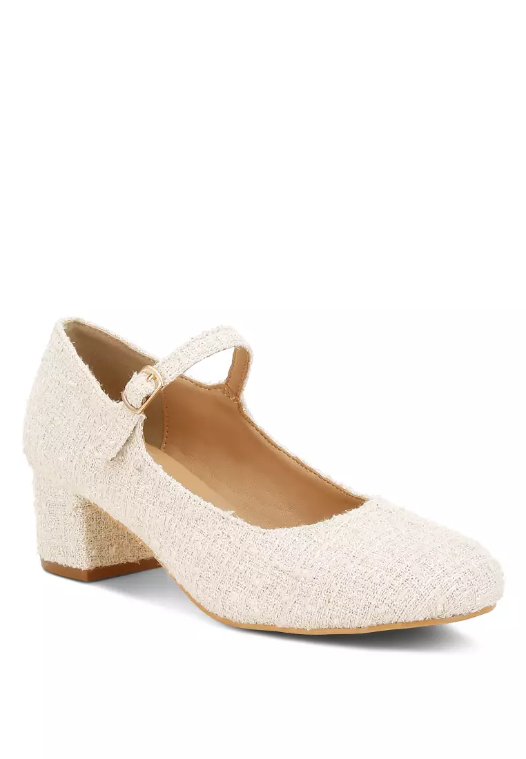 Sandal Tweed Mary Jane Warna Putih