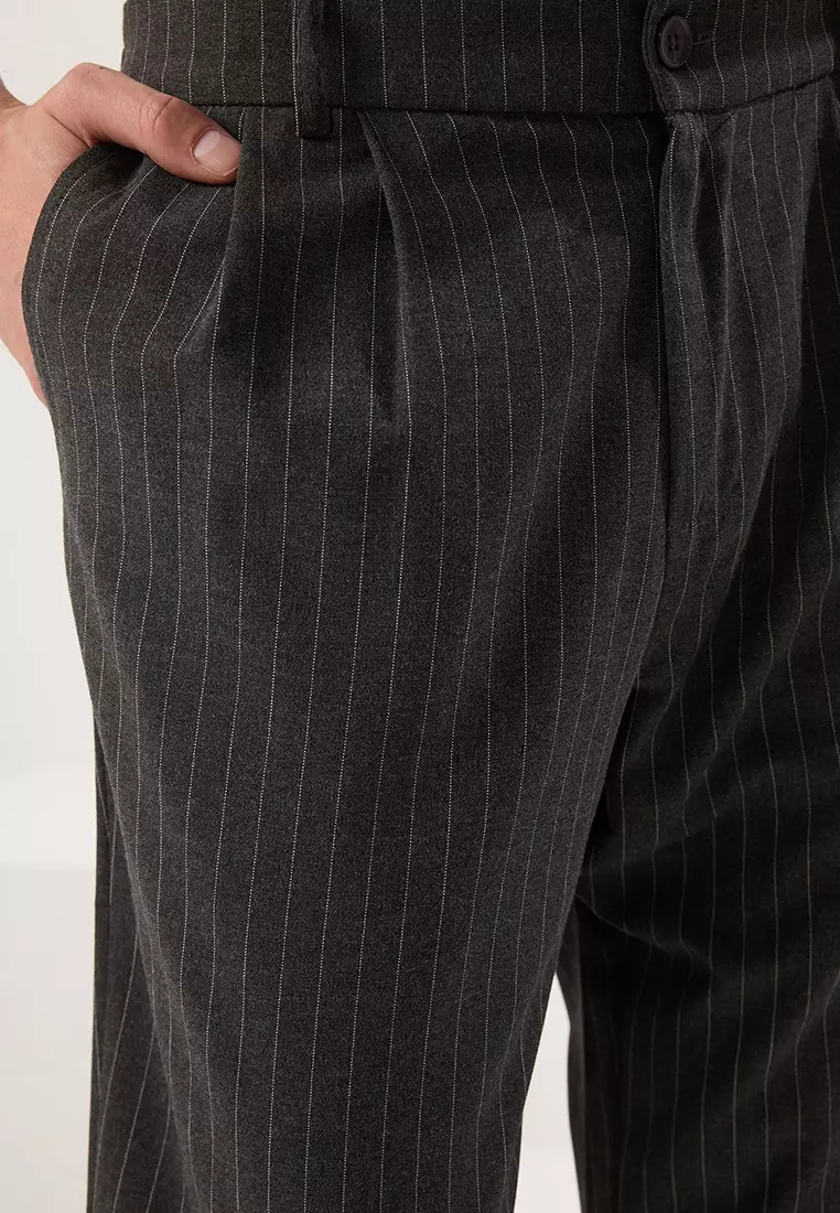 Anthracite Striped Pleated Classic Baggy Fit Fabric Trousers TMNSS24PL00024