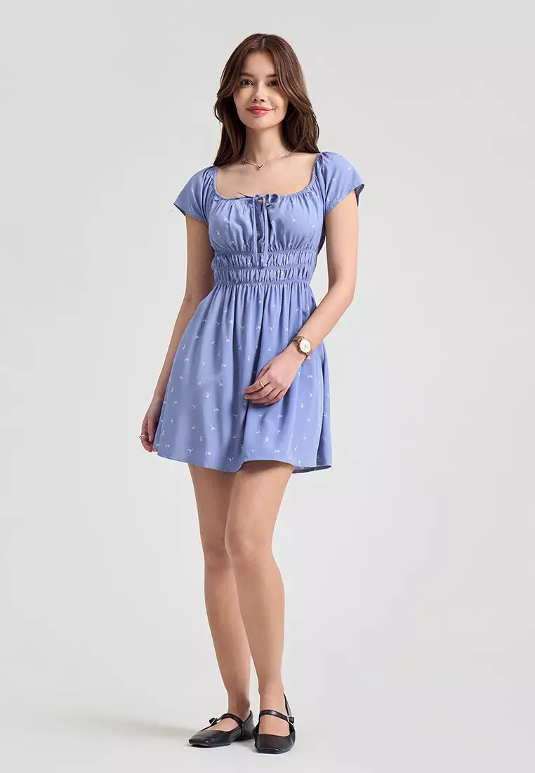 Square Neck Printed Mini Dress with Open Back Detail