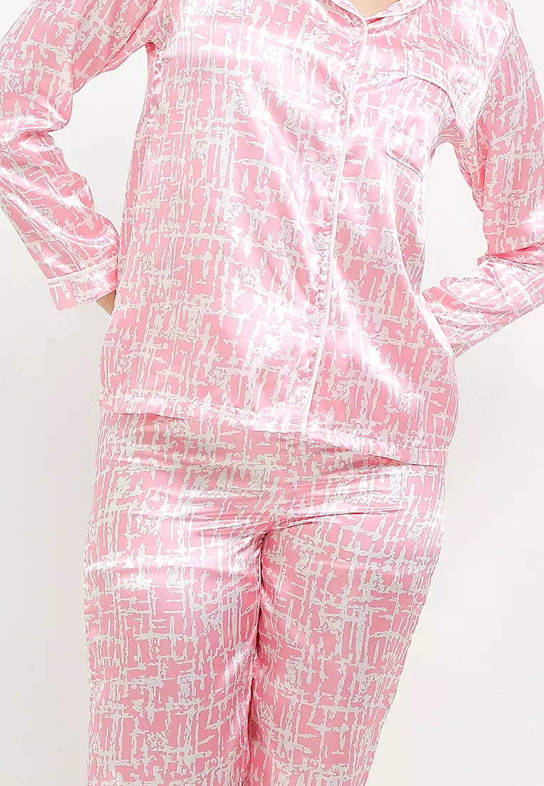Piyama Pyjama Baju Tidur Satin Silk Pink Baju Berkantong Long Sleeve Long Pants Sleepwear