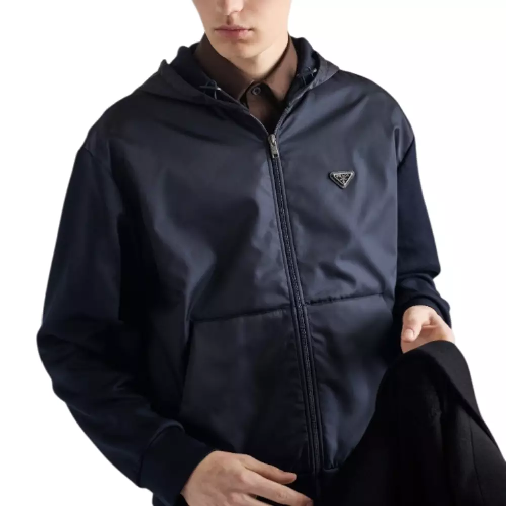 Technical Cotton and Re-Nylon Hoodie Jacket Blue