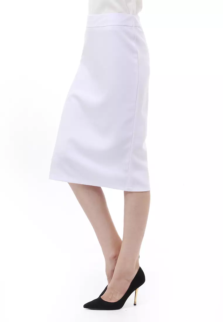 Rok Span 7/8 Design Formal Motif Polos Skirt Kerja Bawahan Wanita - Putih