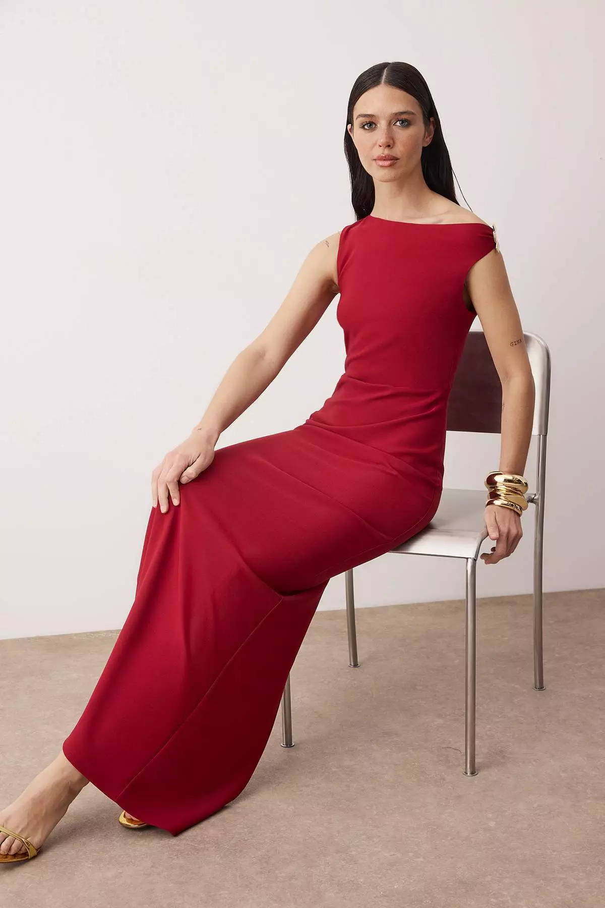 Burgundy Accessory Detail Asymmetric Neckline Woven Maxi Stylish Evening Dress Night Graduation Dress Tpraw26Ae4