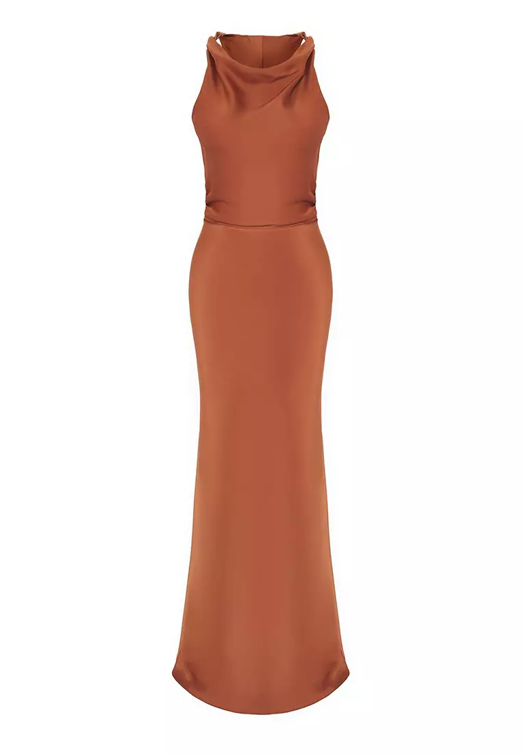 Brown Body Fitting Satin Maxi Evening Dress