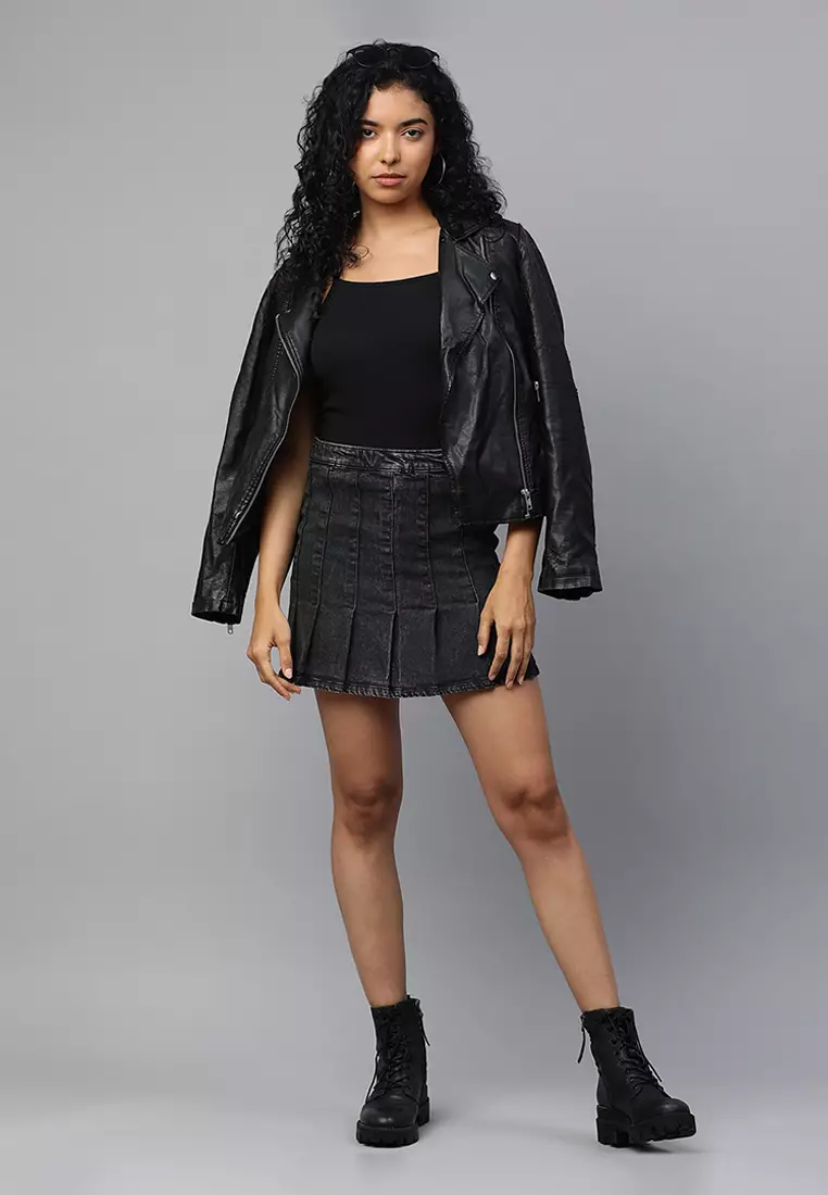 黑色 百褶牛仔迷你裙