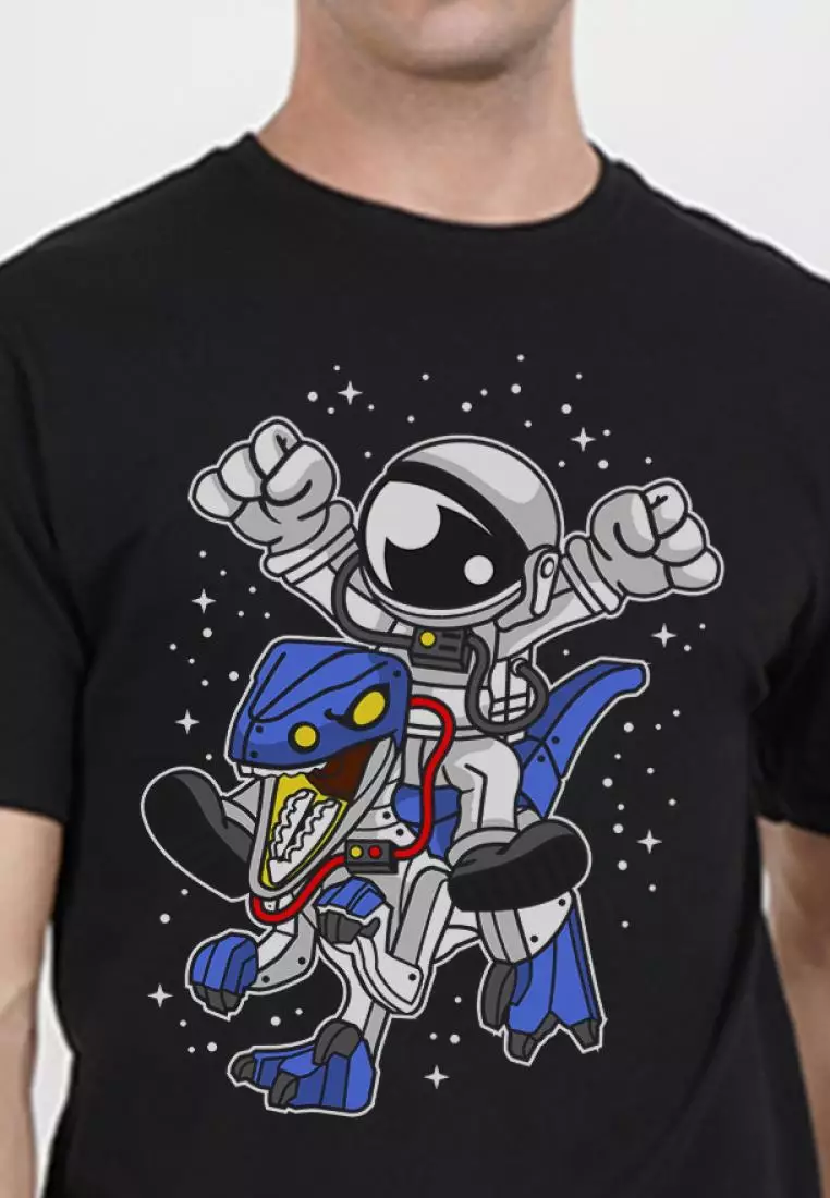 宇航员恐龙黑色棉质混纺短袖必备 T 恤