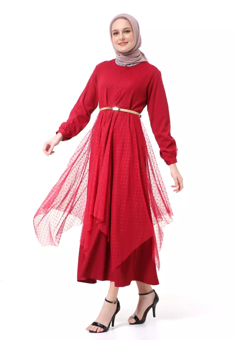 Zahwa Long Dress Gamis Muslimah Long Sleeve Free Belt High Quality - Maroon