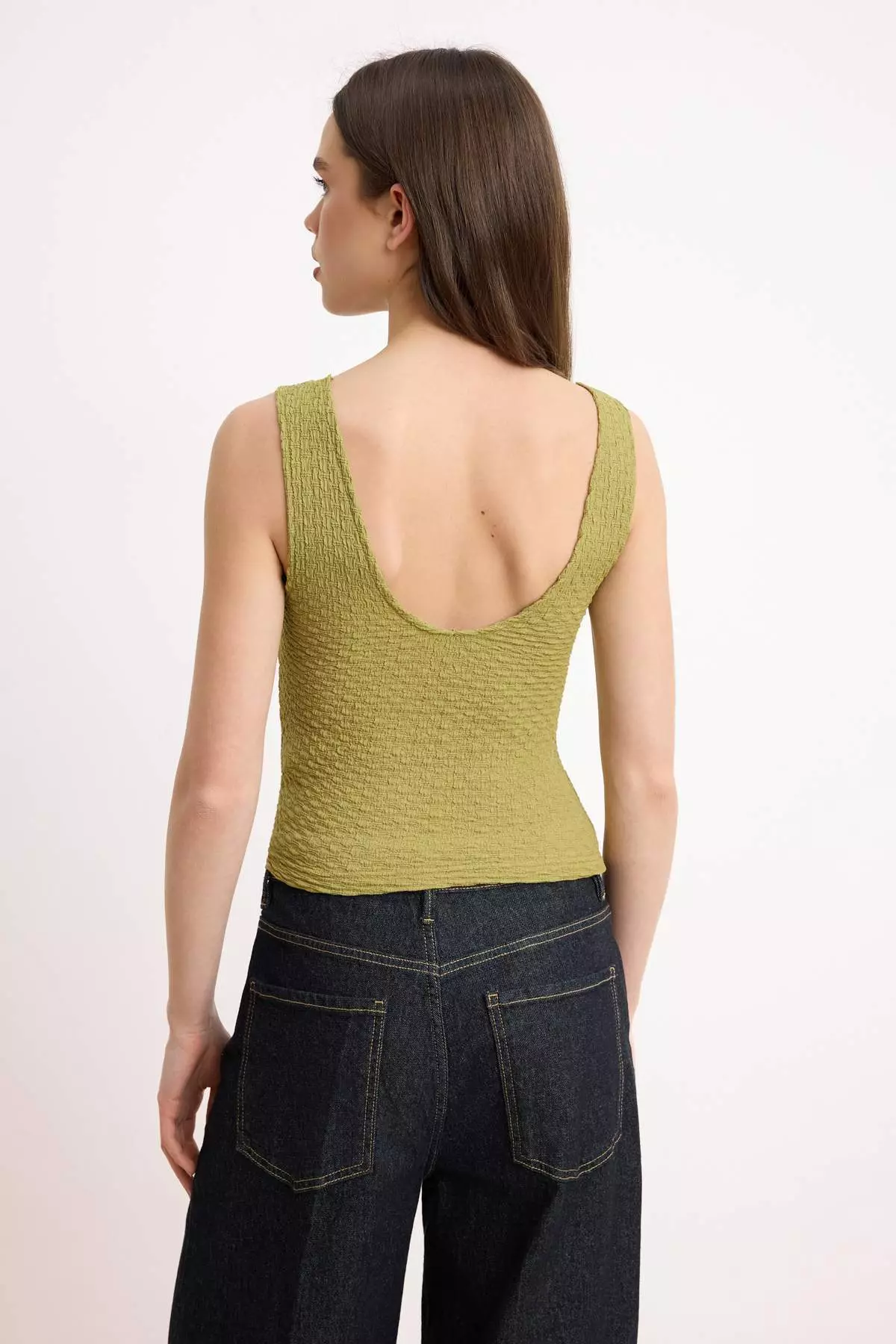Khaki Plain Fitted V-Neck Lace Detailed Sleeveless Textured Knitted Blouse Twoss26Bz61