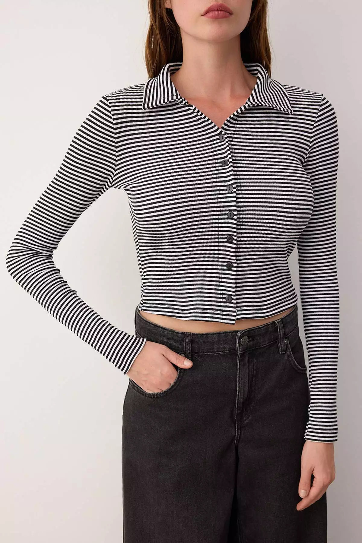Black Striped Button Detailed Crop Polo Collar Ribbed Flexible Knit Blouse