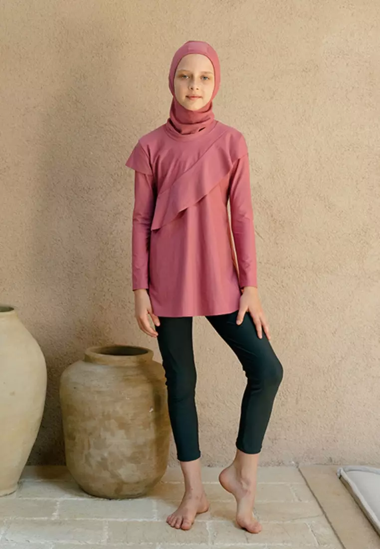 Aleea Modest Ruffle Burqini Set Kids - Mauve Wood