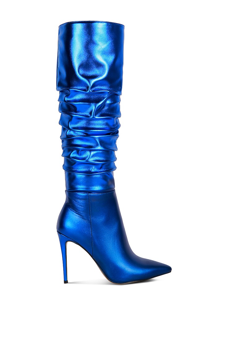 Blue Metallic Ruched Stiletto Calf Boots