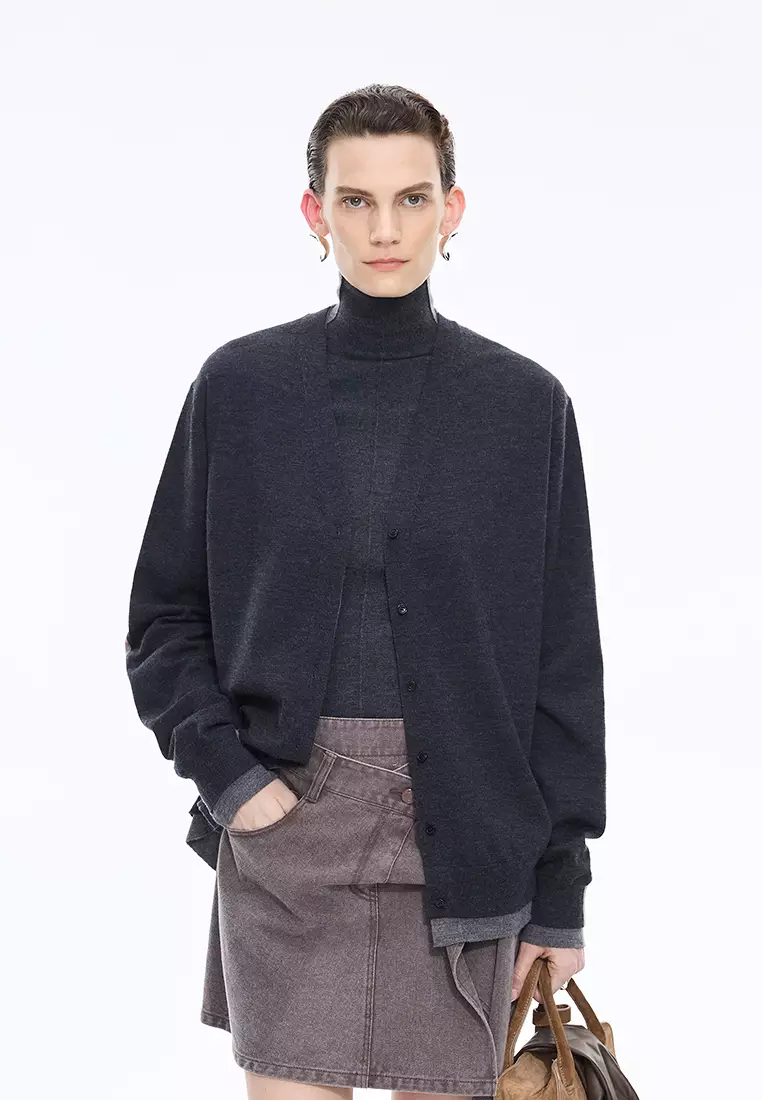 巴素兰羊毛宽松中长款开襟针织衫