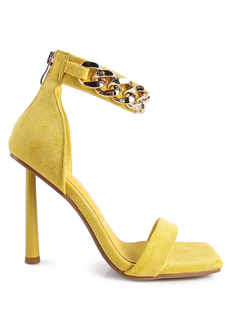 Discount on London Rag  shoes - SKU: Yellow Heeled Faux Suede Chain Strap Sandal