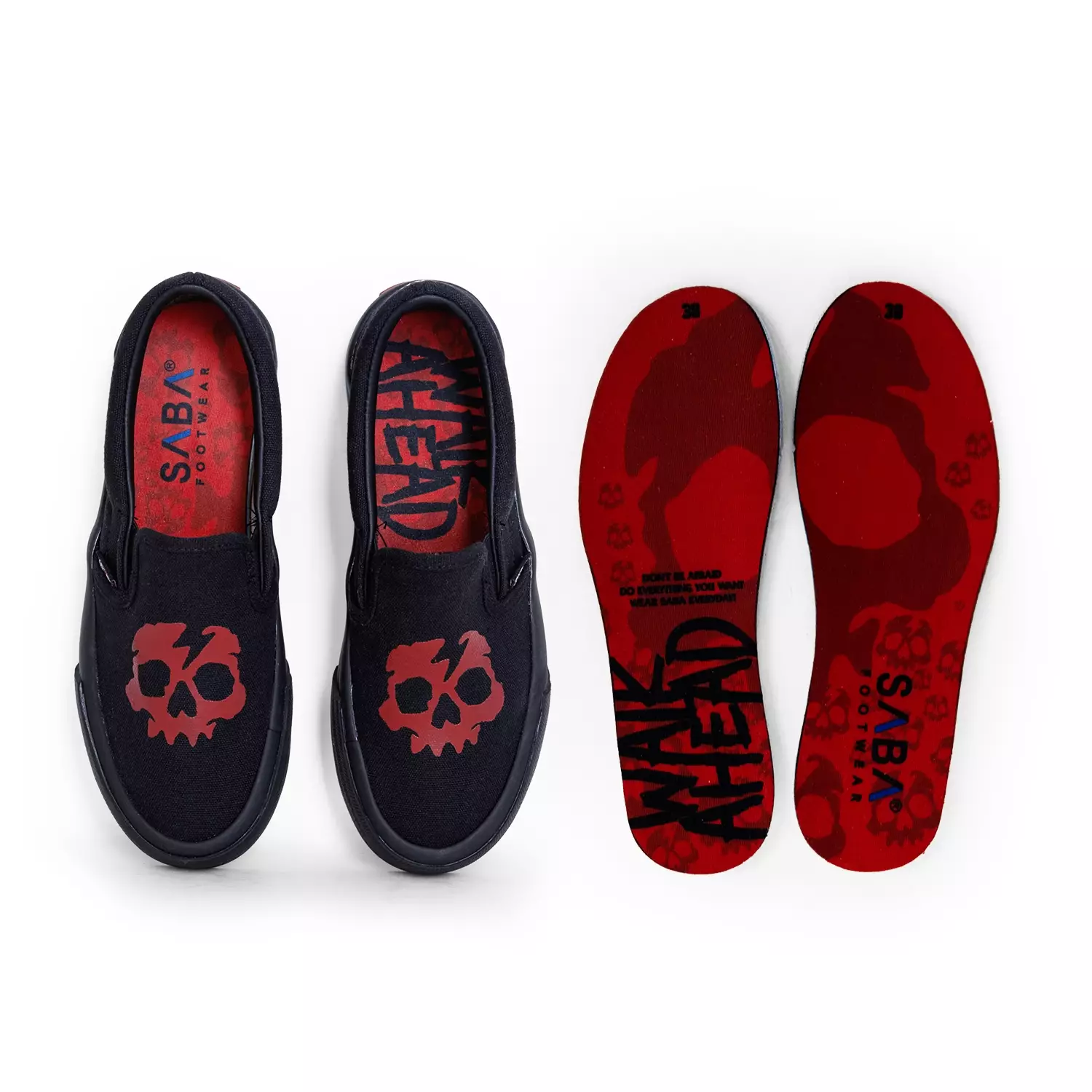 SABA Slip On Skull All Black Red - Sepatu Sneakers Casual Pria Wanita