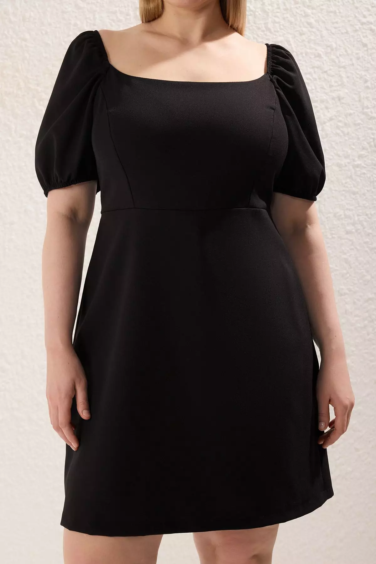 Square Neck Lining with Shorts Balloon Sleeves Woven Plus Size Dress