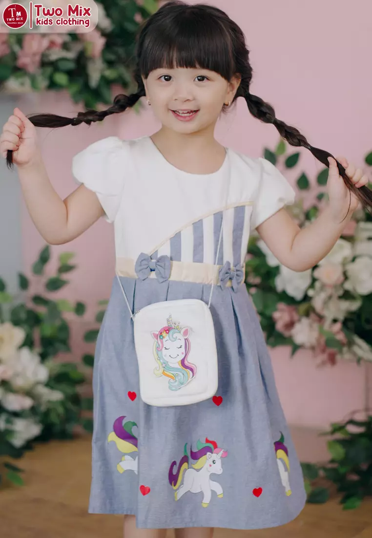 Two Mix Dress Anak Perempuan Little Pony Bonus Tas Cantik 1-12 Tahun 4252 Blue