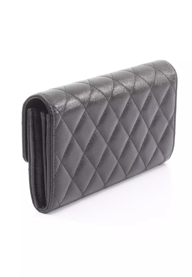 Pre-Loved Chanel matelasse Bi-fold Long Wallet Caviar skin black gold hardware