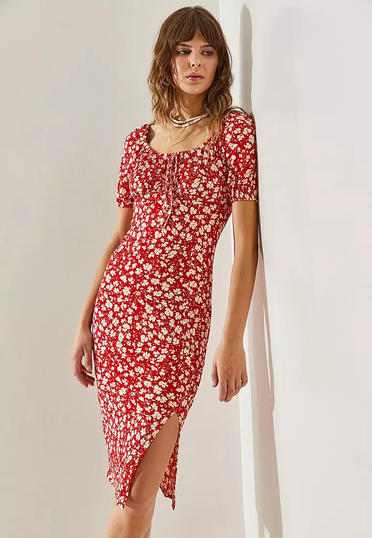 Women's Tie-Front Watermelon Sleeve Daisy Patterned Slit Detailed Dress 60251371