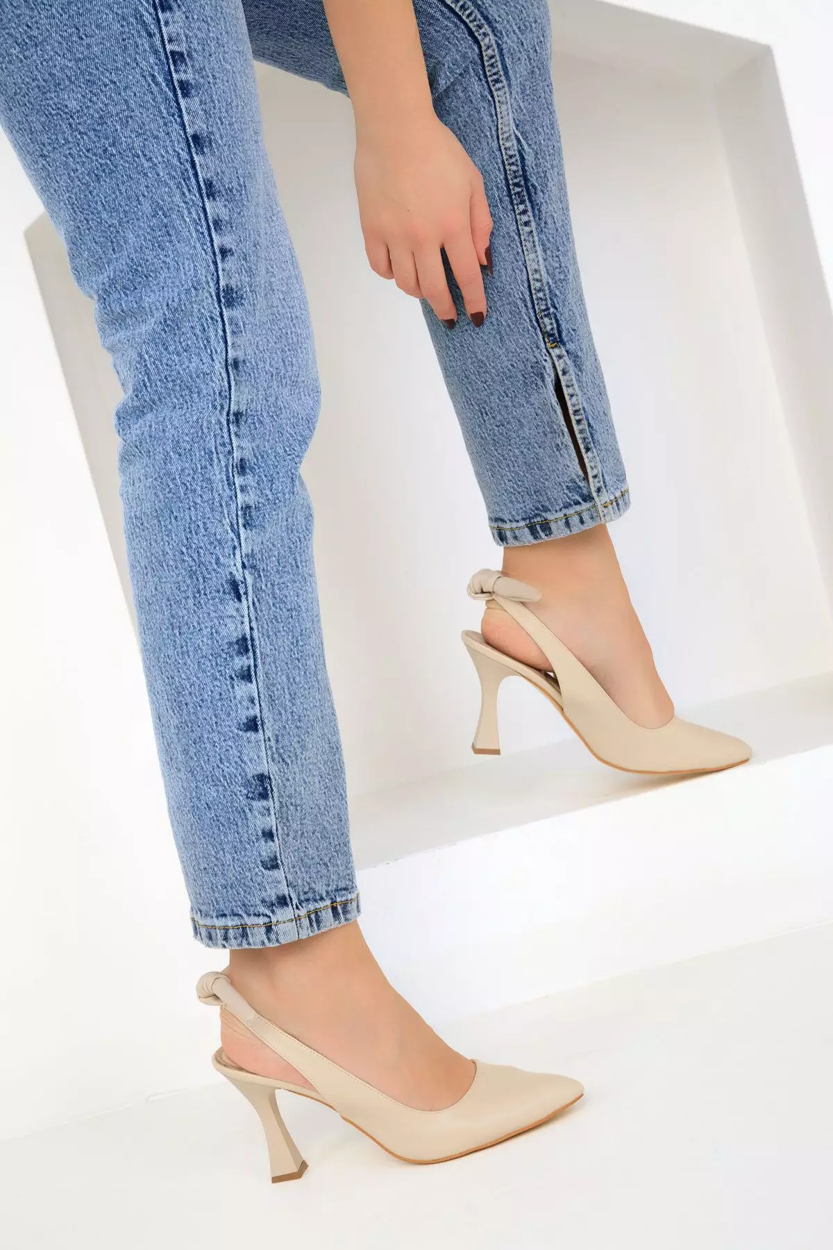 Faux Leather Slingback Heels with Knot Detail