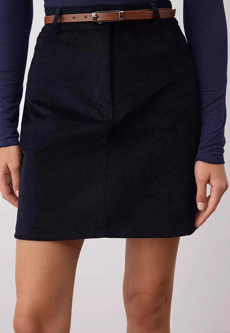 Belted A-Line/Flare Woven Corduroy Mini Skirt