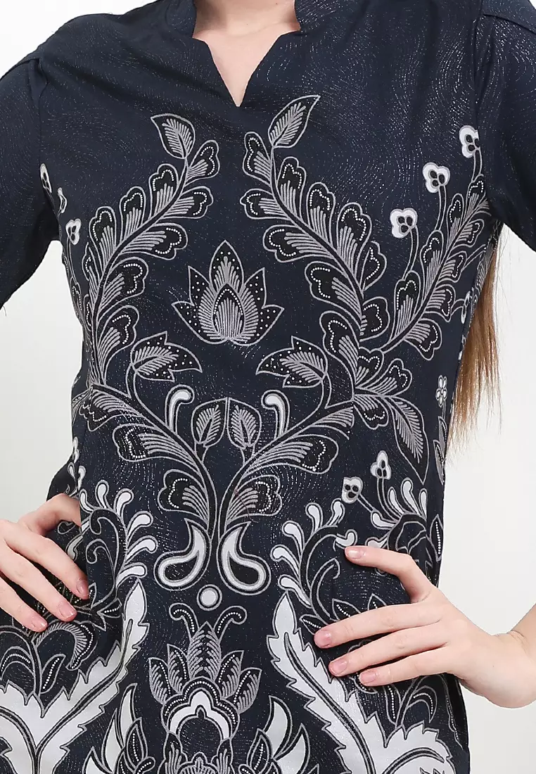 Dress Wanita Bodyfit Batik Furing Lining Dress Ferazella New Navy